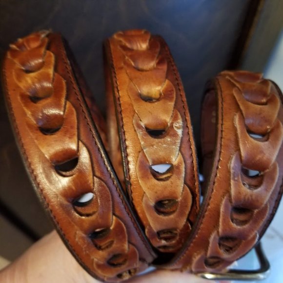 Brown Leather Woven Braided Belt, Men's Size 42, Unisex - Picture 5 of 6